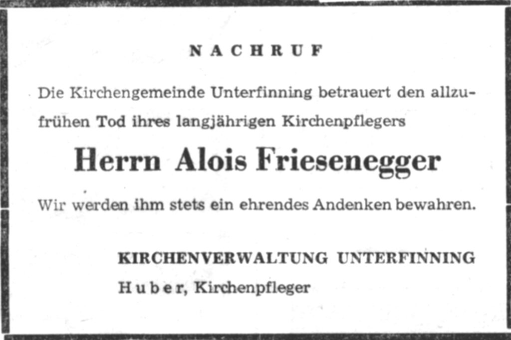 Friesenegger Alois Nachruf Gemeinde Unterfinning