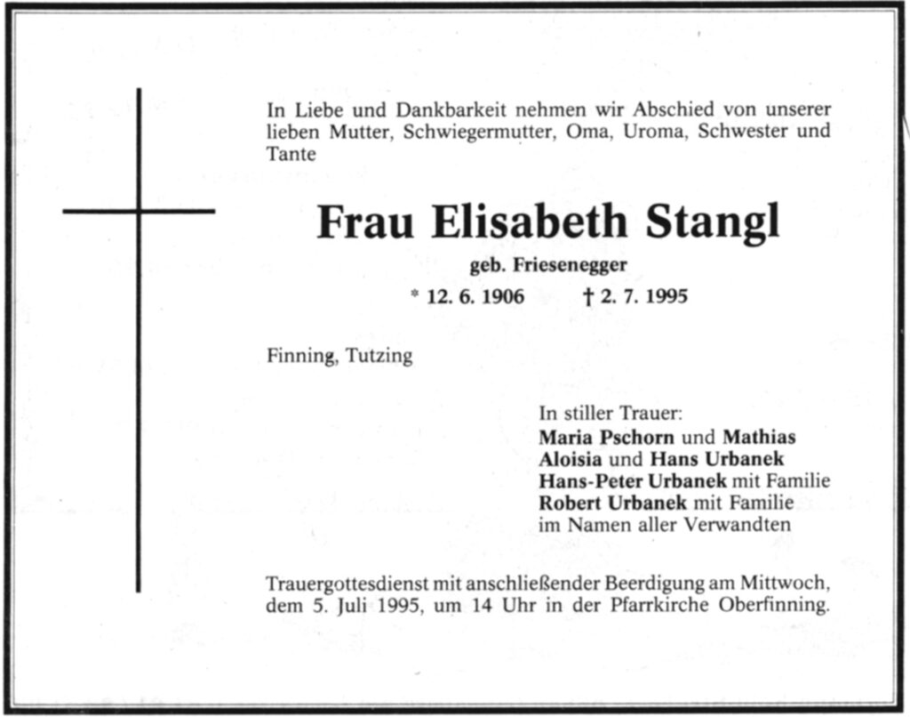 Friesenegger Stangl Elisabeth 1906 1995