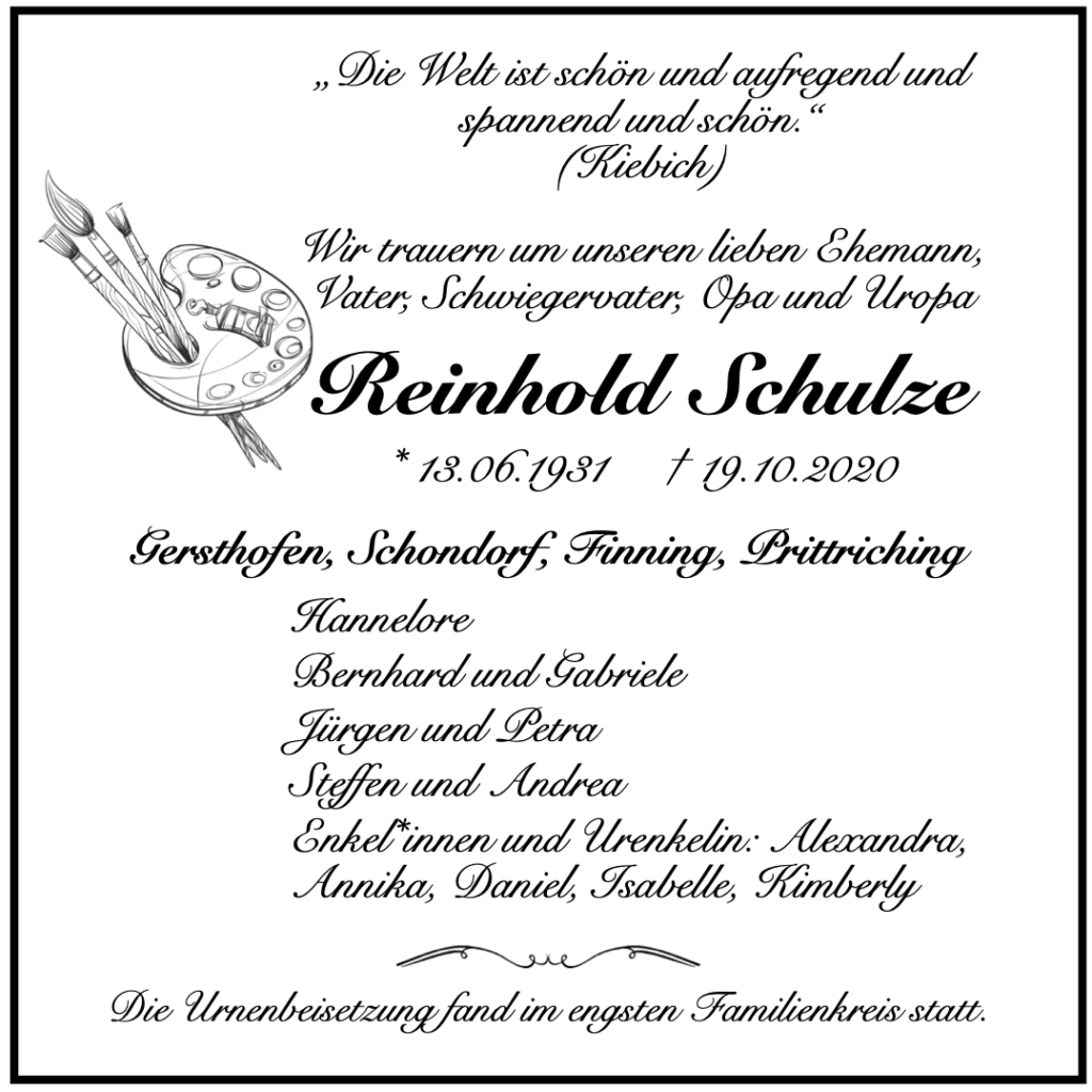 Reinhold Schulze – Bühnenbildner, Maler, Künstler Schulze Reinhold Traueranzeige – Reinhold Schulze – Bühnenbildner, Maler, Künstler